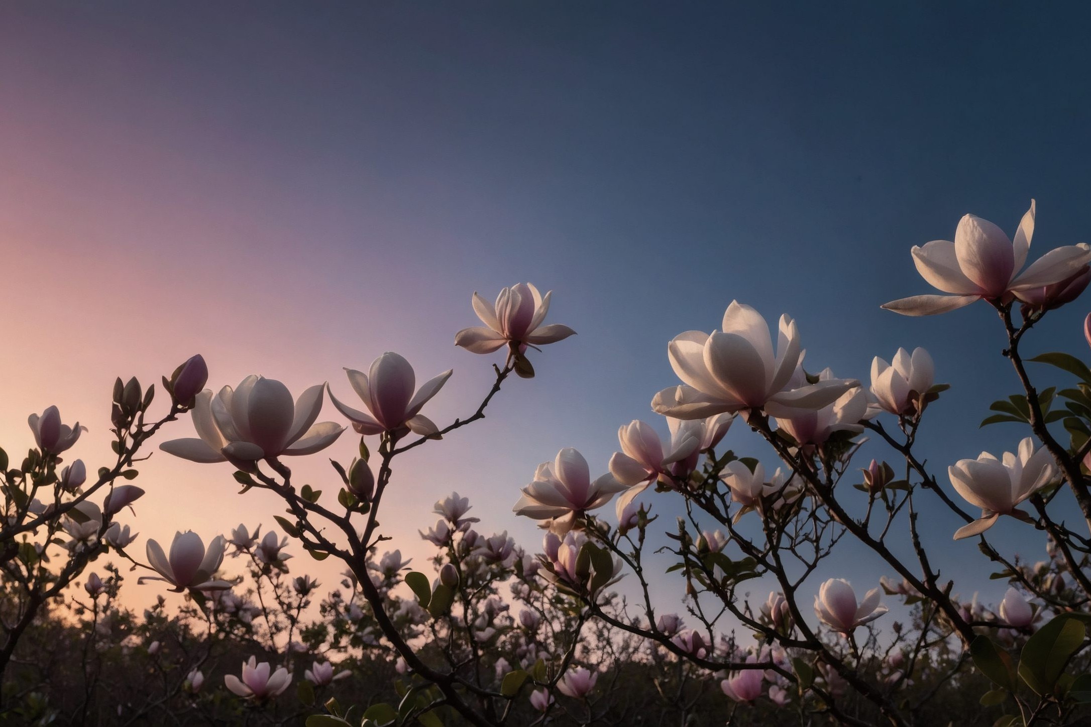 Graceful magnolias in a dusk gradient, filling the air with their sweet fragrance as evening falls.