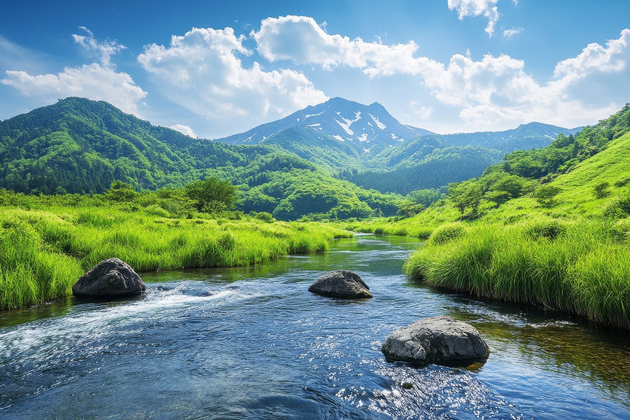 Serene Mountain River with Lush Greenery and Blue Sky A tranquil river winds its way through a verdant valley, surrounded by towering mountains, a clear blue sky, and fluffy clouds, symbolizing peace, nature, tranquility, and serenity.