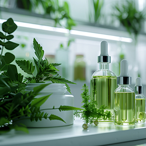 Elegant graphic of a botanical extraction lab in lush green, per