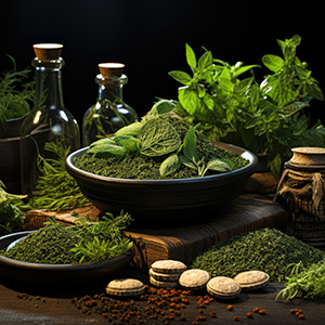 Representation of alternative health practices with fresh herbs