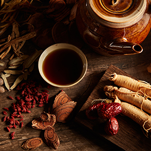 Close view of chinese traditional herb ginseng mushroom in woode